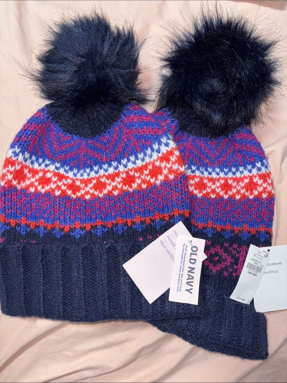 Bundle Deal!Old Navy Navy Blue Fair Isle Pom-Pom Beanie with Red & White Accents